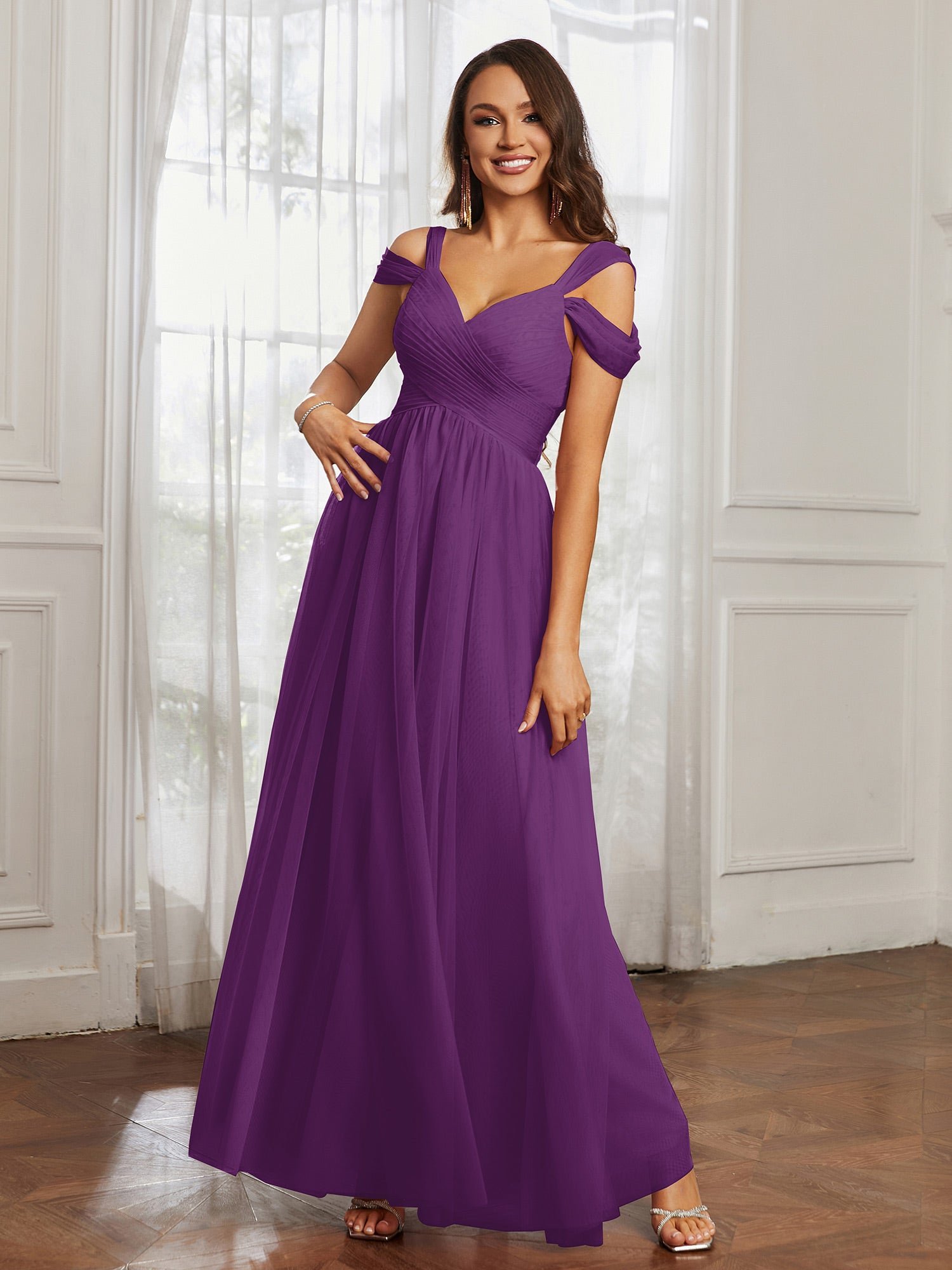 Off-the-shoulder Ruched Tulle A-line Dress Grape